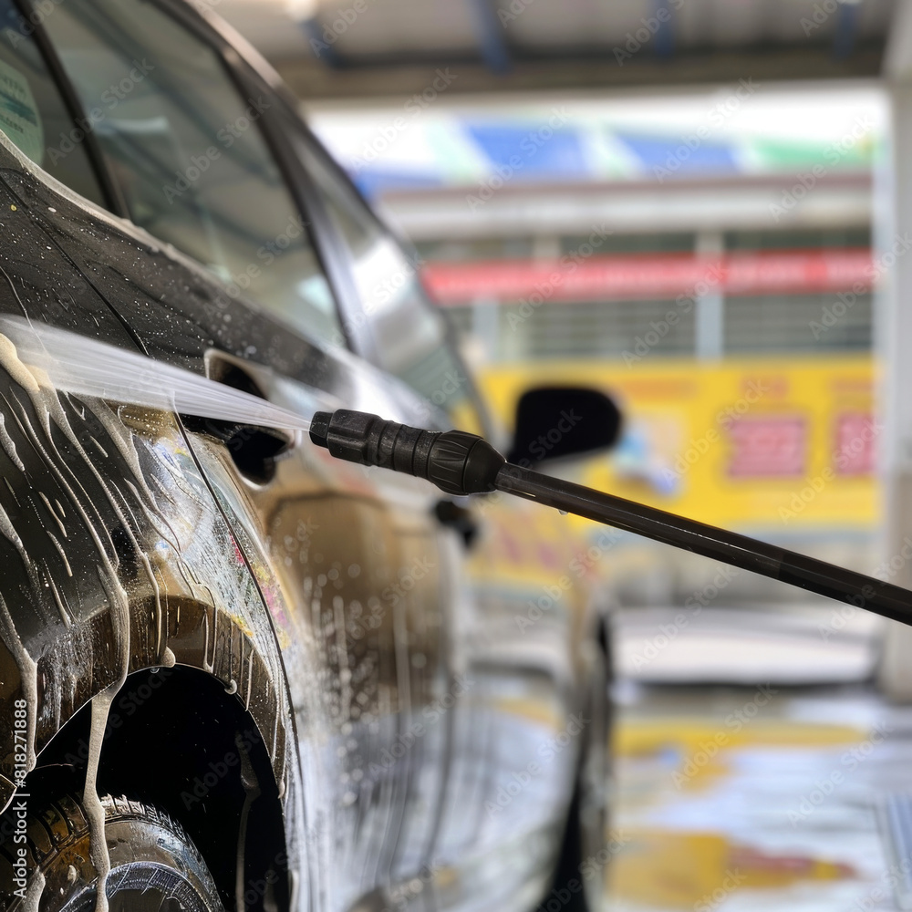 A car is being washed with a hose. The car is black and shiny